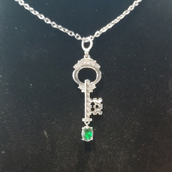 Upcycled Jewelry - Silver Key Necklace with Emerald Green Accent With Upcycled Chain #80